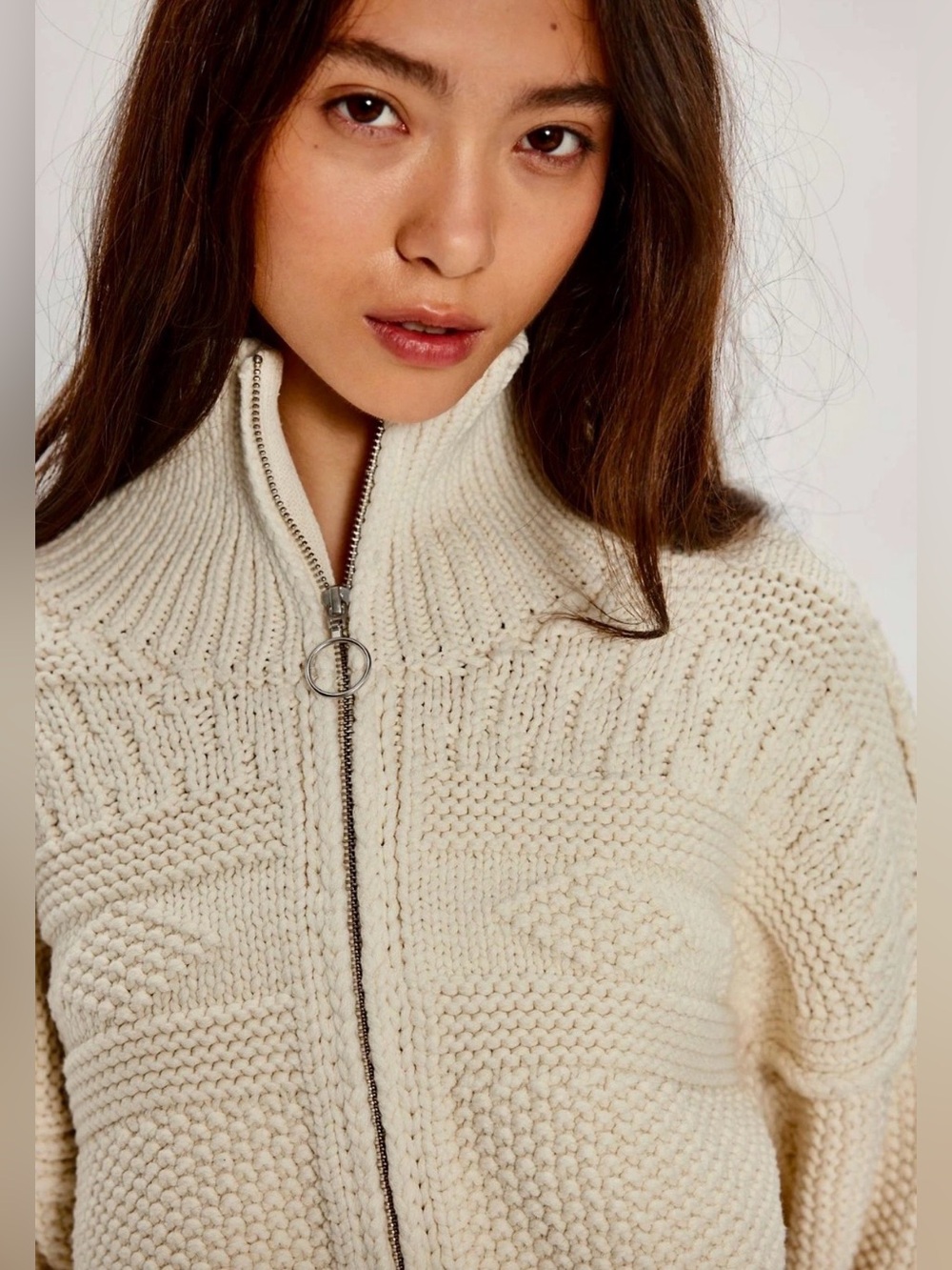 Free People We The Free Lil Lad Cardi Sweater Chunky Knit Ivory Zipper
